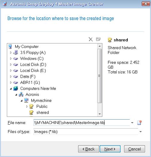 A sizeable image can be split between multiple media automatically. Select the image location in the device tree. In File name, type the file name of the image.