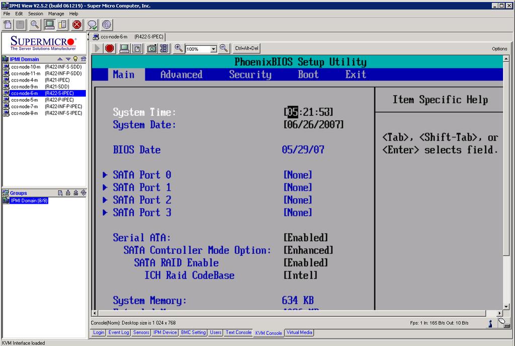 8. On the Destination computer or using the KVM console tab of IPMI View Session of the Destination computer, restart the computer and hit the DEL key to enter the BIOS setup and configure