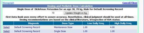 7.2.1 Dosing The Dosing hyperlink located at the top right of the screen can be used to calculate the recommended dose for the patient s age, sex and weight.