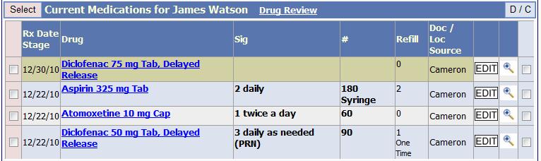 The drug will now appear in the list of Current Medications on the Compose Rx screen with a tinted background denoting it is an external source.