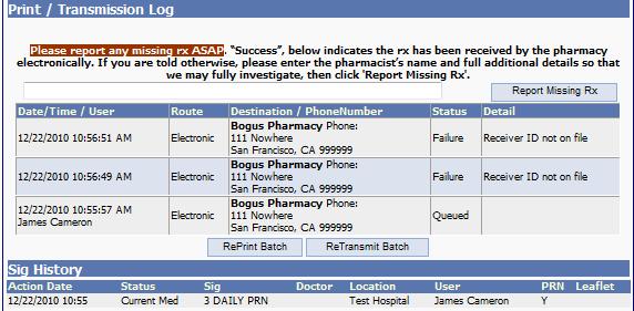 Select the ReTransmit Batch button and the Transmit Rx screen will be displayed. The Failed prescriptions can now be reprocessed to the Pharmacy.