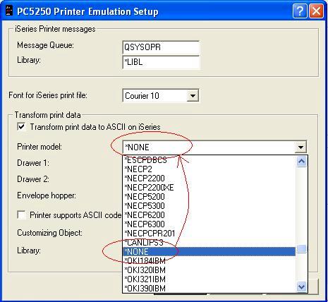 4b) Select the Transform print data to ASCII on AS/400 option. (Fig. 13) Select *NONE in the Printer model selection drop-down text box.