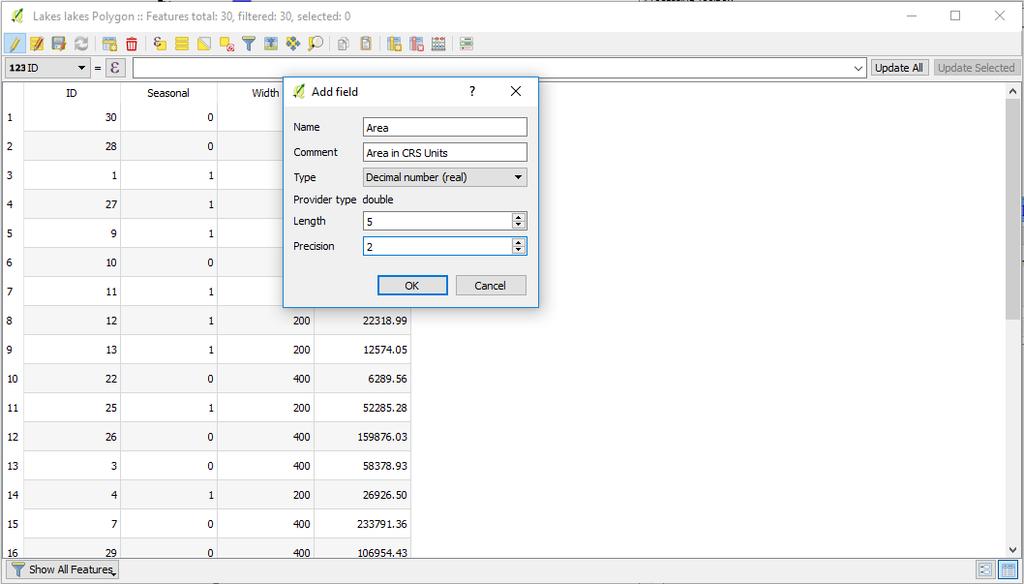 Calculating Attribute Values and Working with Tables To calculate area (in the CRS the layer is in): Open Attribute