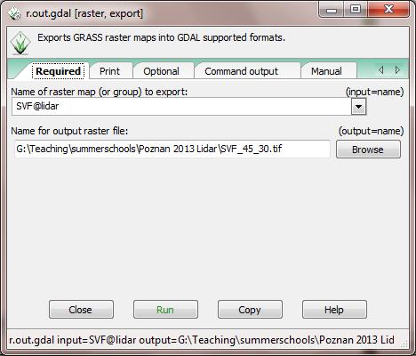 16. We will now export the SVF map as a geotif to view in QGIS. Go to File > Export Raster Map > Common export formats [r.out.gdal].
