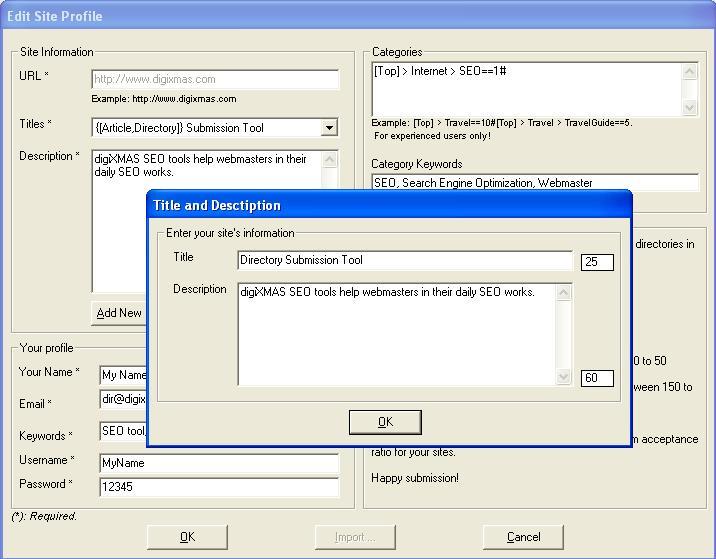 3: Edit a Site Dialog The Categories field contains the category information that you have selected.