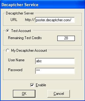 After regitering an account, purchasing service credits from them, you can configure the tool by selecting Tools > Decaptcha Service: Figure 6.