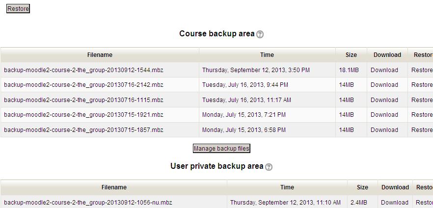 15. Locate the most current backup file in the Course backup area and click the Download