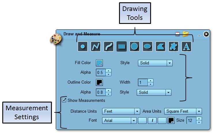 Draw and Measure This tool allows the user to make more elaborate measurements and graphics on the map. The tool contains an array of Drawing Tools which the user can select.