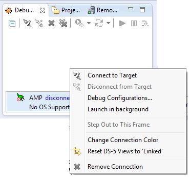 2. Open the DS-5 application and click on the Debug view in the upper right part of Eclipse as shown below: 3. In the Debug Tab, right click and select Debug Configurations 4.
