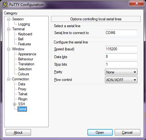 iii.) In Putty Configuration, Select Serial (near the bottom) and use these options. iv.) Click Open 8.