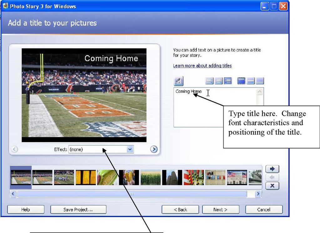 STEP 2: Add titles to your pictures 1. Click on the slide you wish to add text to. 2. Type your title into the window and use the various tools to change the font, font color and the positioning of the title on the slide.