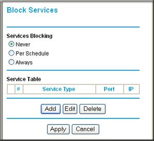 To block access to Internet services: 1. Select Content Filtering > Block Services. The Block Services screen displays. 2.