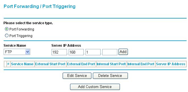 To set up port forwarding to a local server: 1. Select Advanced > Port Forwarding/Port Triggering. The Port Forwarding/Port Triggering screen displays: 2.