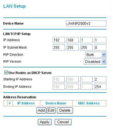 LAN Setup The LAN Setup screen allows configuration of LAN IP services such as DHCP and Routing Information Protocol (RIP).