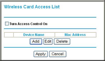 To restrict access based on MAC addresses: 1. Select Advanced > Wireless Settings. 2. In the Advanced Wireless Settings screen, click Setup Access List to display the Wireless Card Access List. 3.