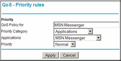The QoS - Priority Rules screen displays. 4. In the Priority Category list, select either Applications or Online Gaming.