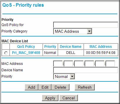 8. Click Apply. QoS for a MAC Address To create a QoS policy for traffic from a specific MAC address: 1. Select Advanced > QoS Setup. The QoS Setup screen displays. 2.