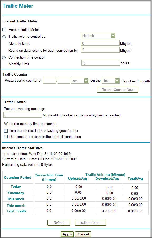 Traffic Meter Traffic Metering allows you to monitor the volume of Internet traffic passing through your router s Internet port.