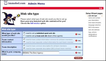Web Site Types There are 2 types of Web sites that you can create in Setup Wizard as follows: 1. An Individual Agent Web Site (One Web site for one agent) 2.