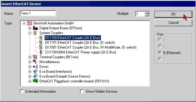 Commissioning Fig. 31: Selecting a system coupler (e.g. EK1100) Appending a new box (see Fig.