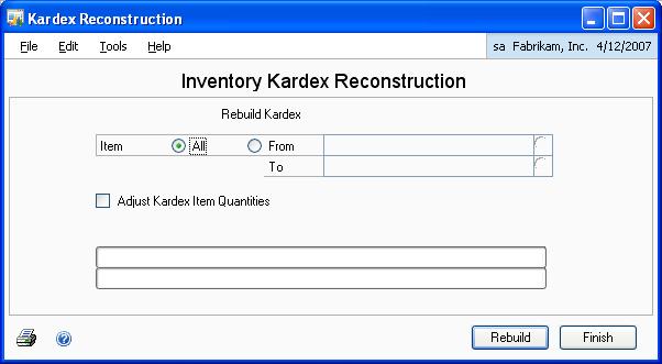 Chapter 1: Inventory Kardex setup Use this information to update the Kardex with the details of inventory transactions posted in Microsoft Dynamics GP.