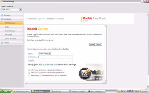 Connecting to your Gallery account Setting up Web content Perform this one-time setup on your frame to connect it to your existing KODAK Gallery account.