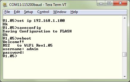 Example for changing the IP address: First use the set ip command to set the desired IP address then use the saveconfig and reboot commands to save and reboot the adapter.