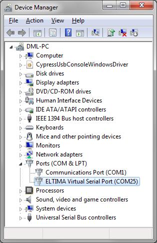 COM port 25 is now available in Device Manager: This COM port can now be used as if it was a built-in COM port.