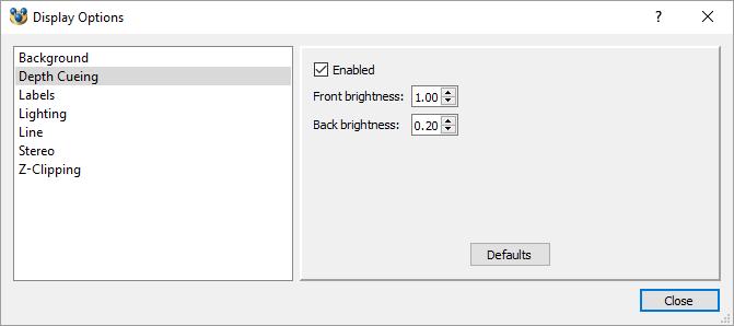 Click Depth Cueing in the Visualisation Options toolbar. If this toolbar is not displayed, load it by View-> Visualisation Options Toolbar 2.