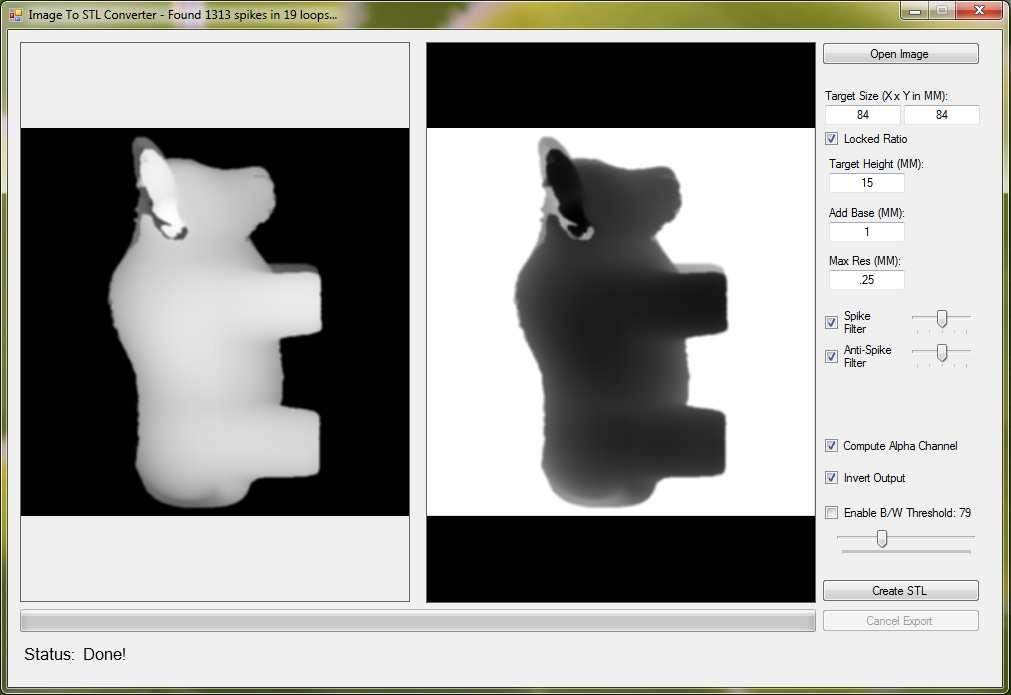 Check with both checked and unchecked options for Invert Output to see the difference in STL file.