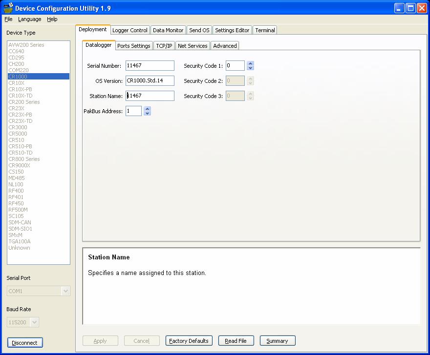 Section 8. CR1000 Configuration 8.3.1 Deployment Tab FIGURE 8.3-3. DevConfig Deployment Tab 8.3.1.1 Datalogger Sub-Tab As shown in FIGURE 8.
