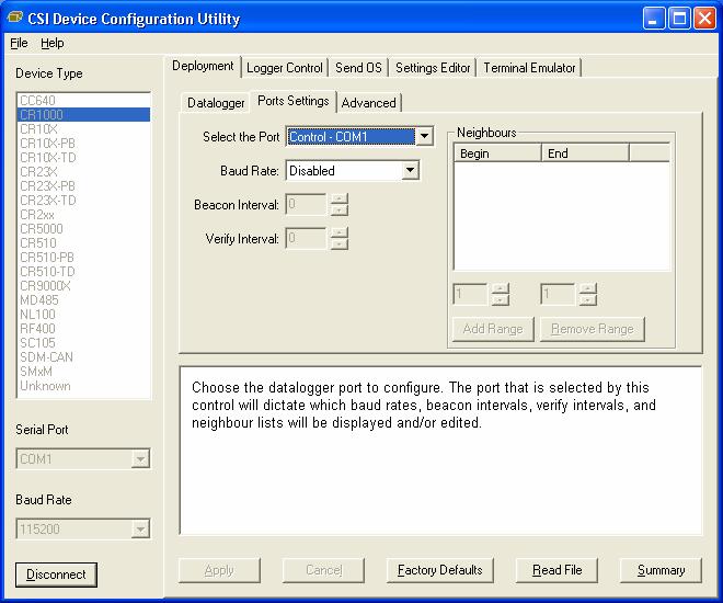 Section 8. CR1000 Configuration 8.3.1.2 Ports Settings Sub-Tab As shown in FIGURE 8.3-4, the port settings tab has the following settings. FIGURE 8.3-4. DevConfig Deployment Ports Settings Tab Read more!