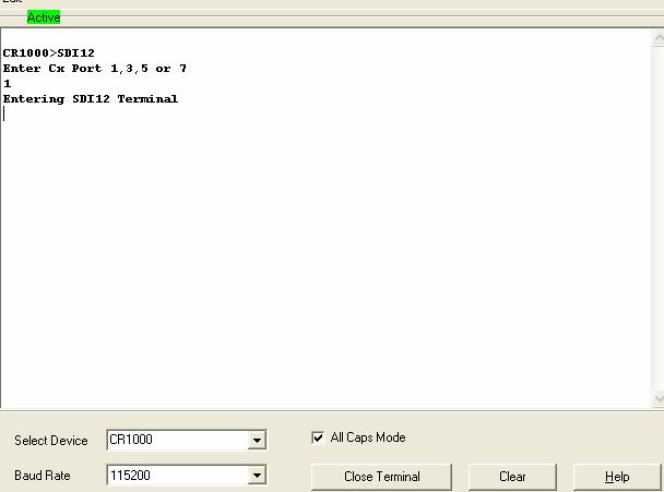 Section 11. Programming Resource Library FIGURE 11.3-1. Entering SDI-12 Transparent Mode through LoggerNet Terminal Emulator 11.3.2 SDI-12 Command Basics 11.3.3 Addressing All commands can be issued through SDI-12 transparent mode.