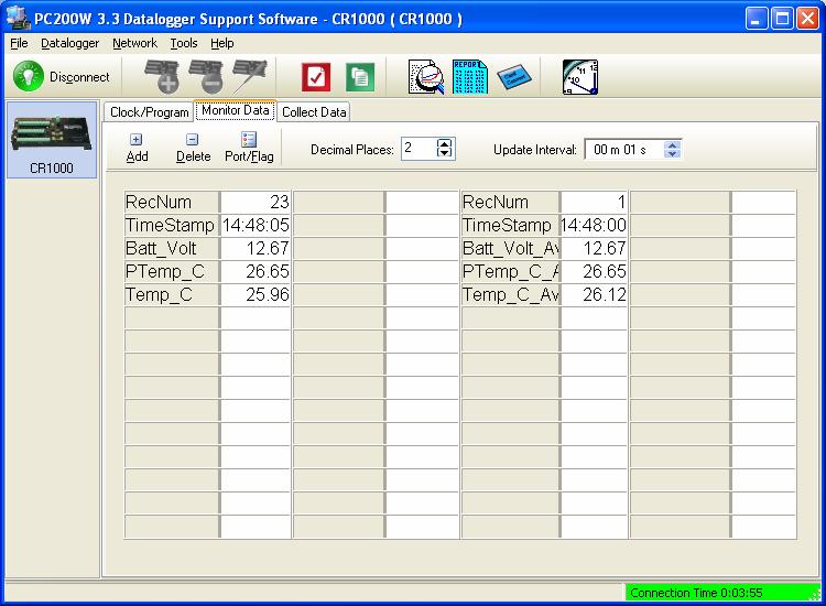 Section 2. Quickstart Tutorial 2.2.2.3 Synchronizing the Clocks 2.2.2.4 Sending the Program 2.2.2.5 Monitoring Data Tables Click the Set Clock button to synchronize the datalogger s clock with the computer s clock.