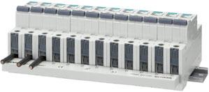 Square terminal design for accommodation of pin busbars together with cables from 0.75-5 mm² to facilitate cable entry.
