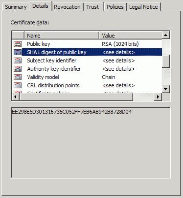 Registry and plist Settings Acrobat Security Administration Guide Certificate Management 77 Figure 18 Certificate Viewer details tab 7. Highlight SHA1 digest of public key. 8.
