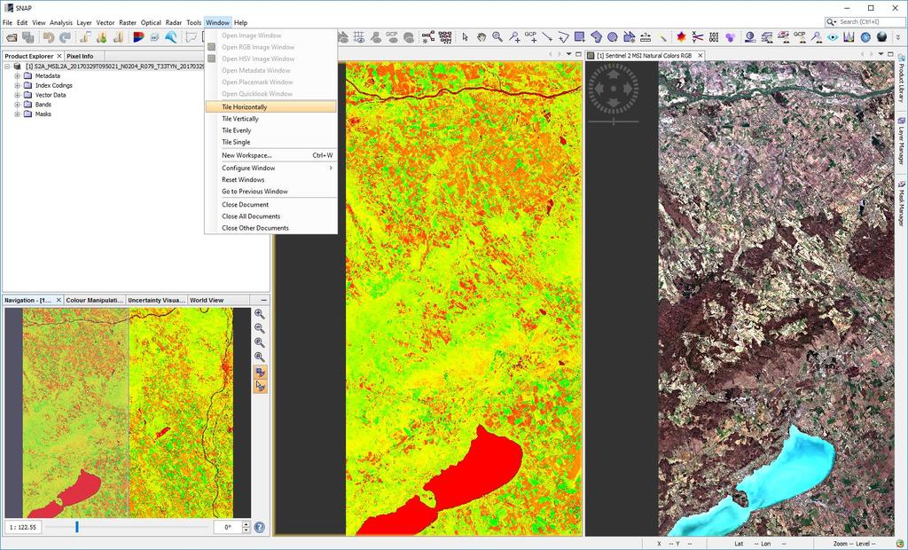 Exercise 2 Sentinel-2 atmospheric correction and NDVI index (sen2cor, SNAP) In menu Window select Tile