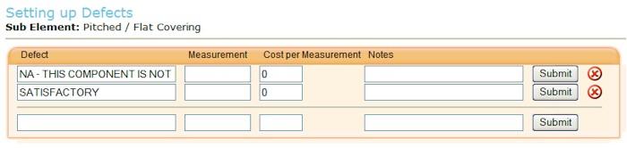 Add new defect type Click on (edit) and the Setting up Defects page will open. Enter the defect name, the measurement (m 2 or whatever), the cost per measurement and any notes, then click.