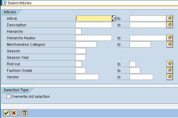 2.2.1 Selection in Manual Scenario Figure 4: Selection screen Manual Scenario You can select the following generic articles and their variants using various criteria: Article number Article short