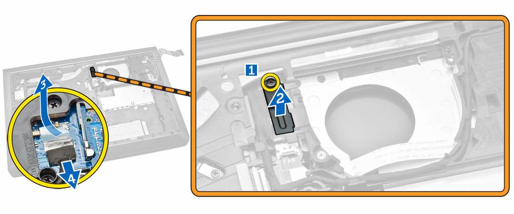 Perform the following steps as shown in the illustration: a. Remove the screw that secures the display cable to the computer [1]. b.