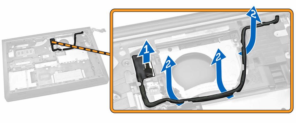 5. Perform the following steps as shown in the illustration: a. Disconnect the display cable [1]. b. Unroute the cable from the slot [2]. 6.