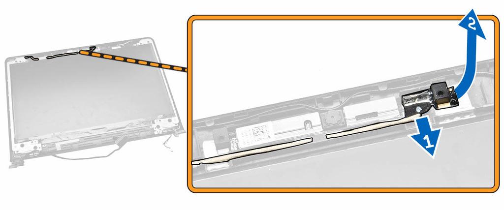 b. Battery c. Display Bezel 3. Perform the following steps as shown in the illustration: a. Disconnect the camera cable from the connector on the camera module [1]. b.