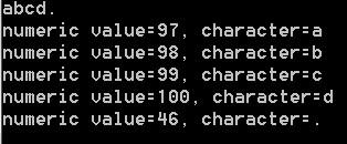 תווים 3 ב': כתבו תכנית הקולטת רצף תווים עד שהתקבל ומדפיסה כל תו ואת ערך ה- ASCII שלו (כולל הנקודה). תרגיל התו., char c = 0; scanf(" %c", &c); while (c!= '.