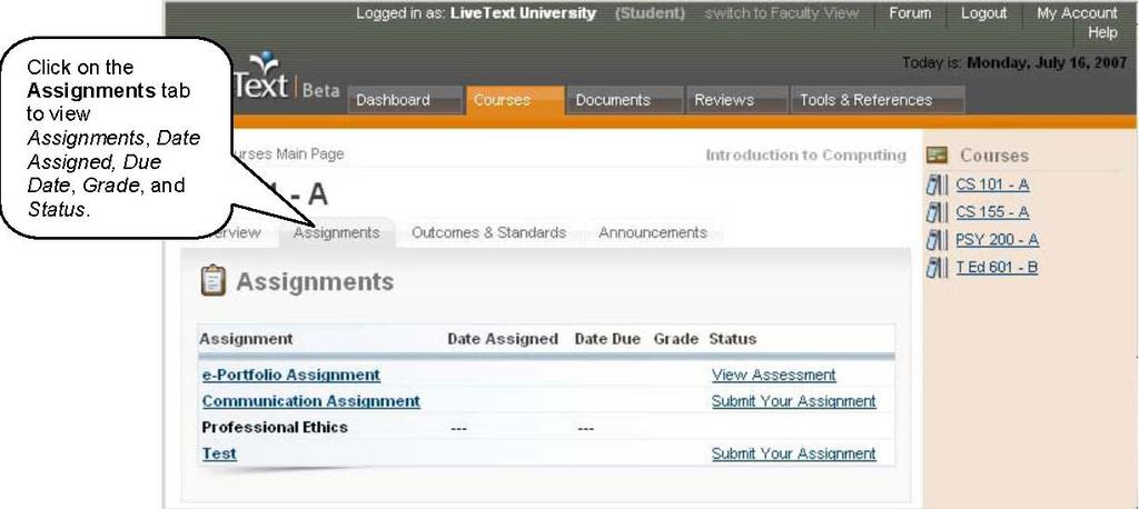 Assignments Tab The Assignments tab displays information about current and past due assignments.
