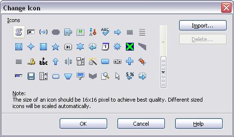 To choose an icon for a command, select the command and click Modify > Change icon.