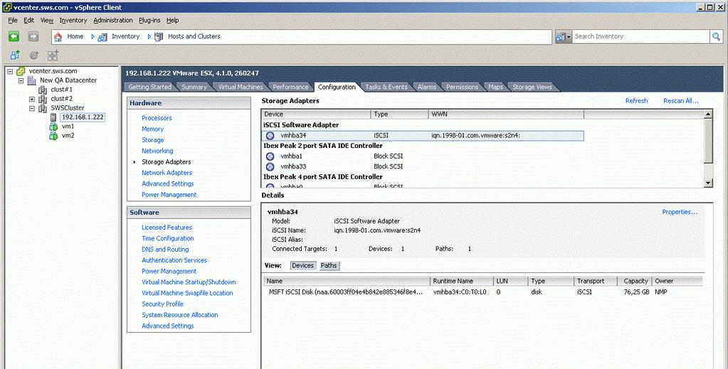 Configuring the iscsi Software Initiator 1. Click the Configuration tab. 2. In the Hardware section, click Storage Adapters.