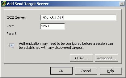 6. In the Add Send Targets Server dialog, specify the IP address of the StarWind iscsi target server. 7.
