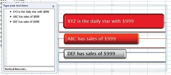 Creating Business Diagrams with SmartArt 67 Adding Formulas to Shapes For Excel fans, the biggest disappointment with SmartArt diagrams is that their text is static.