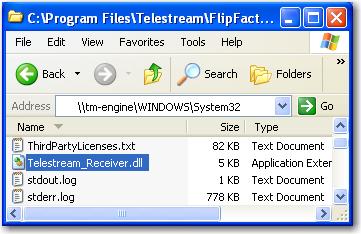 In Windows Explorer, browse to the FlipFactory installation folder (default: C:\Program Files\Telestream\FlipFactory) and locate the file named Telestream_Receiver.