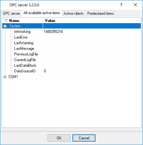 Program use 25 Fig. 5.2.2 OPC server active items Clients activity is showed on the "Active clients" tab.
